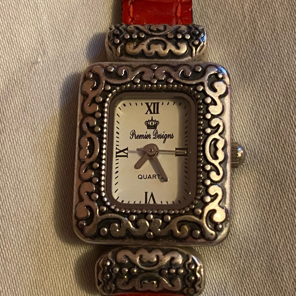 Premier Designs Ornate Silver Watch with Red Strap